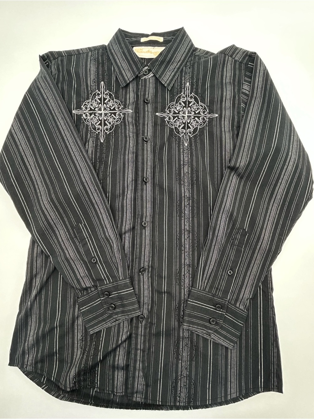 Frankie Morello Black Striped Button-Down Shirt with White Embroidery Large